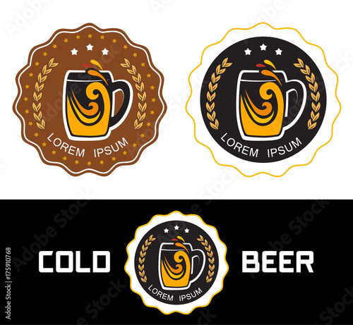 Beer mug on a brown and black background. Sign with sign mugs for shop of beer. Set Logo beer shop. Flat style.