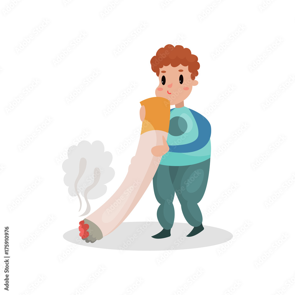 Man smoking giant cigarette, harmful habit and addiction cartoon vector Illustration Man smoking giant cigarette, harmful habit and addiction cartoon vector Illustration