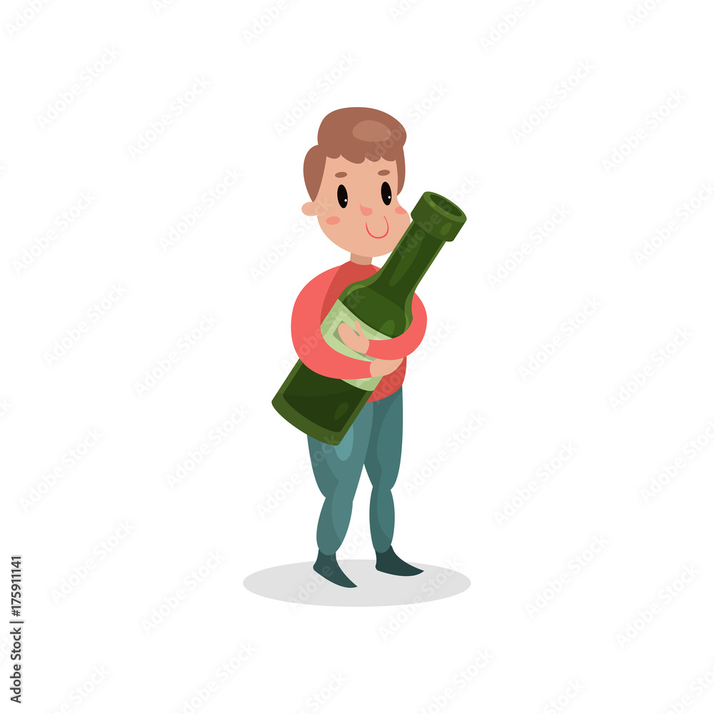 Young man holding giant bottle of alcohol, harmful habit and addiction cartoon vector Illustration Young man holding giant bottle of alcohol, harmful habit and addiction cartoon vector Illustration