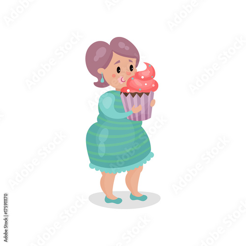 Young fat woman eating giant cupcake, harmful habit and addiction cartoon vector Illustration