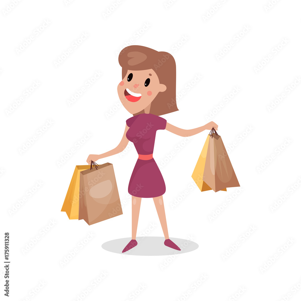Happy shopaholic girl with paper shopping bags, harmful habit and addiction cartoon vector Illustration Happy shopaholic girl with paper shopping bags, harmful habit and addiction cartoon vector Illustration