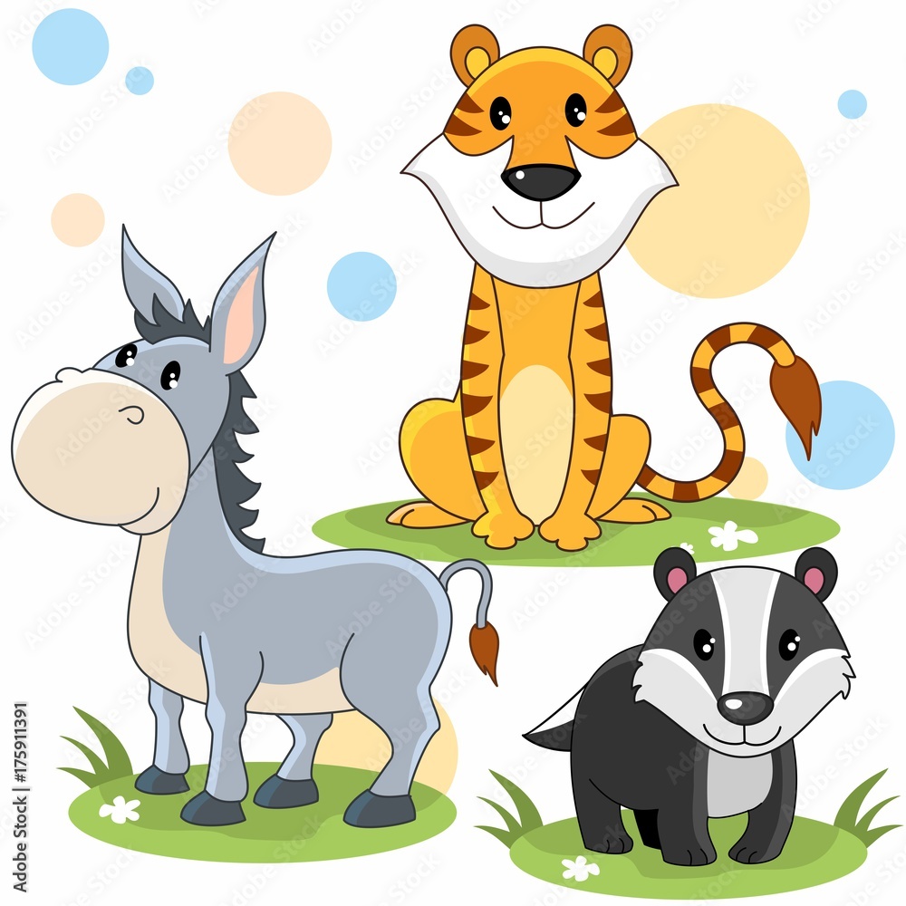 Мультяшный набор векторных картинок с дикими животными для детей.  Изображение осла, тигра и барсука. Stock Vector | Adobe Stock