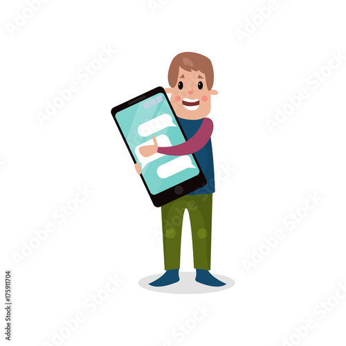 Young man holding giant smartphone, internet addiction cartoon vector Illustration