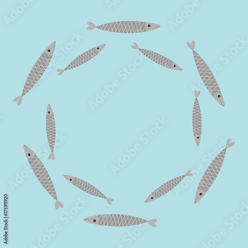 Sardine gray fish set. Iwashi. Sardina pilchardus school. Cute cartoon character. Anchovy pilchard. Round circle frame. Water animal. Marine life. Flat design. Blue background. Isolated.