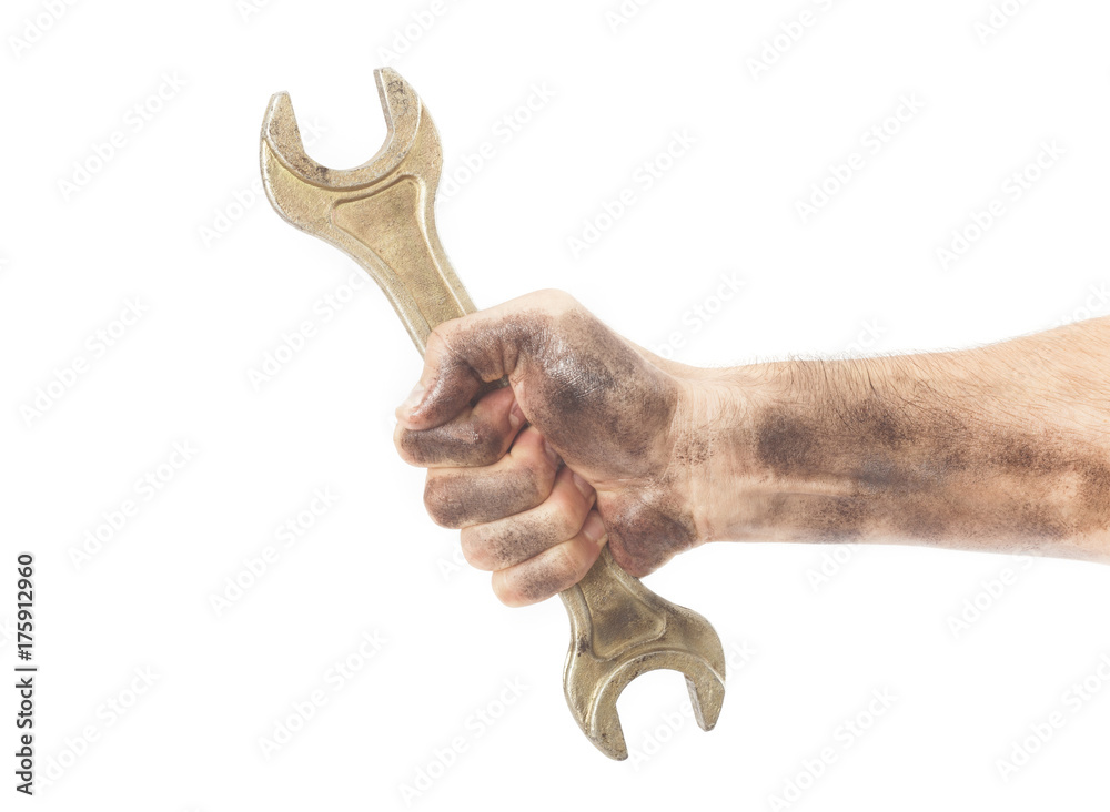 dirty and oily hand holding wrench tool isolated on white