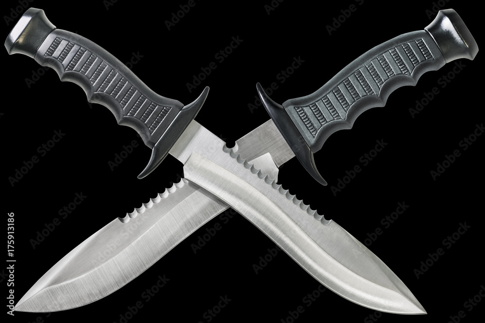 Two Tactical Combat Hunting Survival Bowie Knives With Crossed Blades  Isolated On Black Background Stock Photo | Adobe Stock
