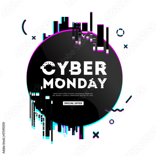 Template design geometric web banner for cyber monday offer. Promotion design in glitch style with geometric particle for cyber sale.