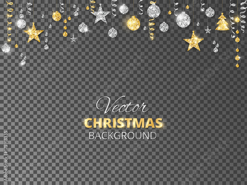 Sparkling Christmas glitter ornaments. Gold and silver fiesta border. Garland with hanging balls and ribbons isolated on transparent background.