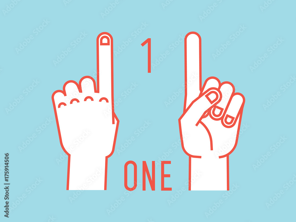 Obraz premium Count on fingers. Number one. Gesture. Stylized hands with index up. Vector.