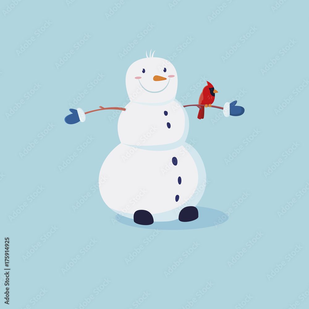 Cute snowman with with the cardinals bird on the hand. Vector cartoon illustration