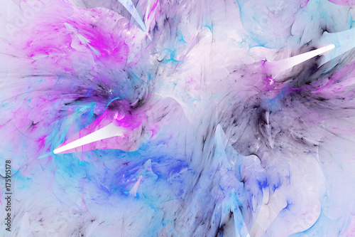 Abstract colorful chaotic shapes on white background. Fantasy fractal texture in blue and purple colors. 3D rendering.