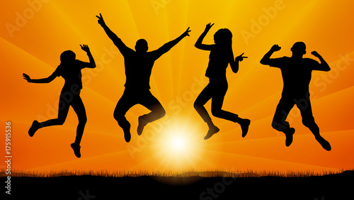 Jumping people friends on the evening sunset, silhouette vector