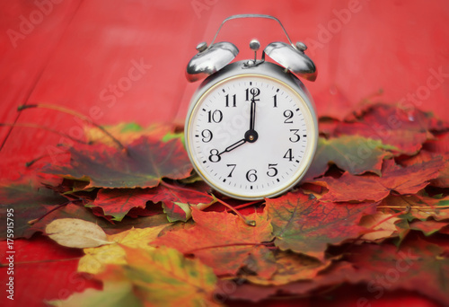 old metal clock standing on a wooden table amongst fallen autumn leaves a bright Sunny autumn morning