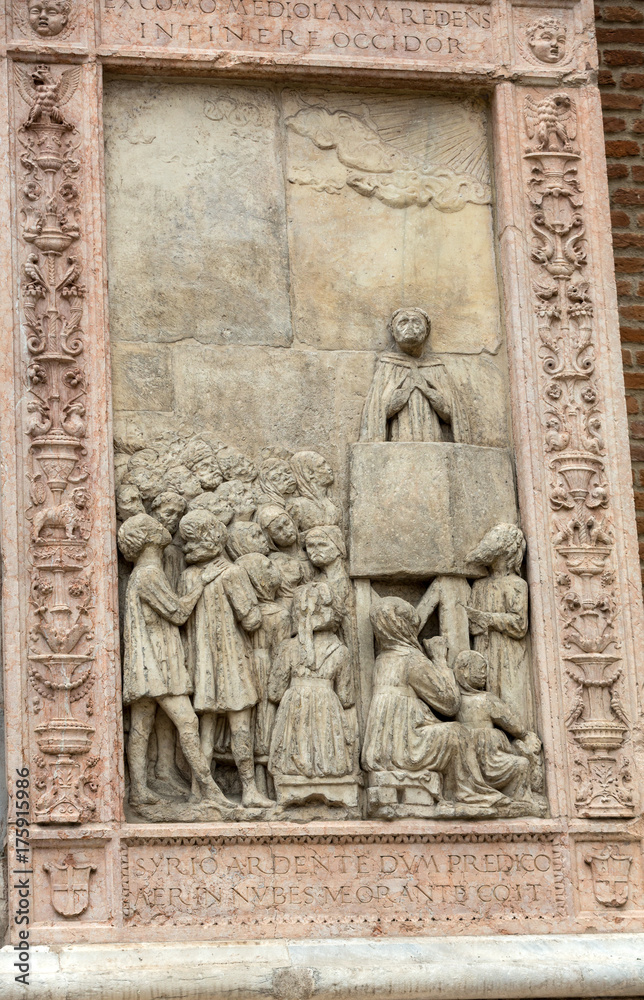 Relief on Facade of Sant'Anastasia Church in Verona, Italy.