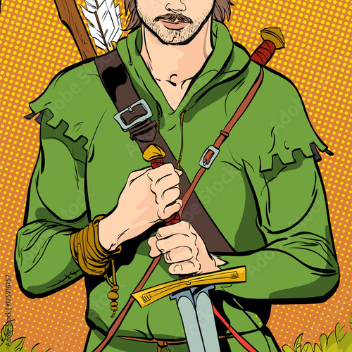 Robin Hood in a hat with feather. Defender of weak. Medieval legends. Heroes of medieval legends. Halftone background.