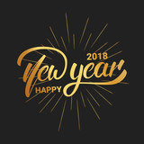 New Year. Happy New Year 2018 hand lettering with gold shiny texture. Hand drawn logo for New Year card, poster, design etc