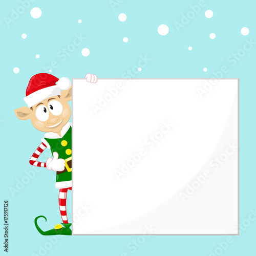 Cute and funny character Merry Christmas elf in santa claus hat. Happy New Year symbol.  Design element for congratulation card, banner, leaflet, poster. Cartoon style. Vector illustration.