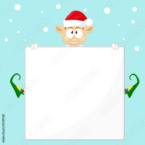 Cute and funny character Merry Christmas elf in santa claus hat. Happy New Year symbol.  Design element for congratulation card, banner, leaflet, poster. Cartoon style. Vector illustration.