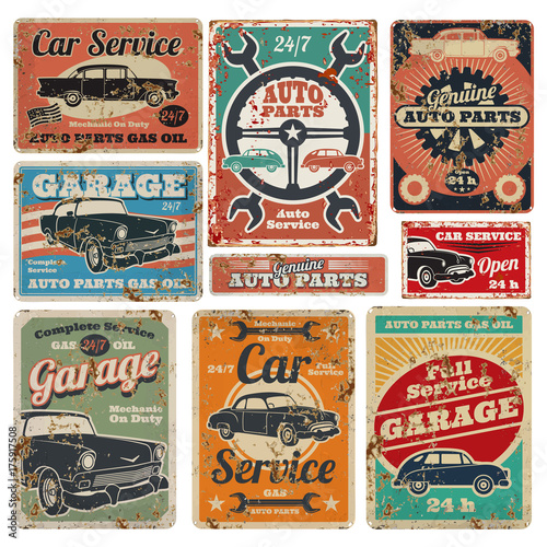 Vintage road vehicle repair service, garage and car mechanic advertising vector metal signs