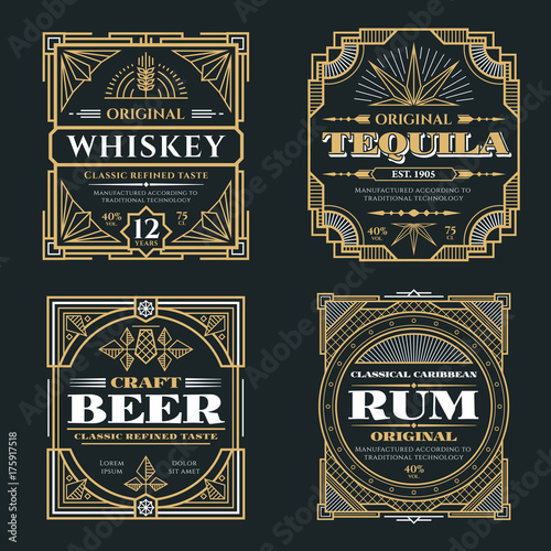 Vintage whiskey and alcoholic beverages vector labels in art deco retro style