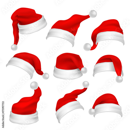 Santa Claus red hats photo booth props. Christmas holiday decoration vector elements