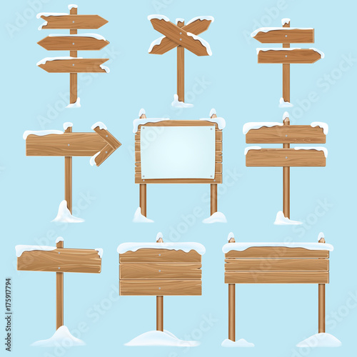 Cartoon wooden signs with snow. Christmas winter holidays vector elements