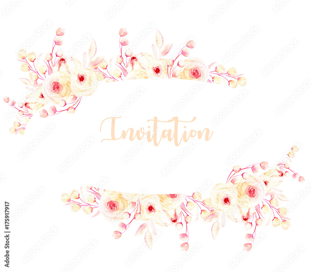 Oval frame border with watercolor pink roses and branches, hand painted on a white background, template floral design for wedding cards