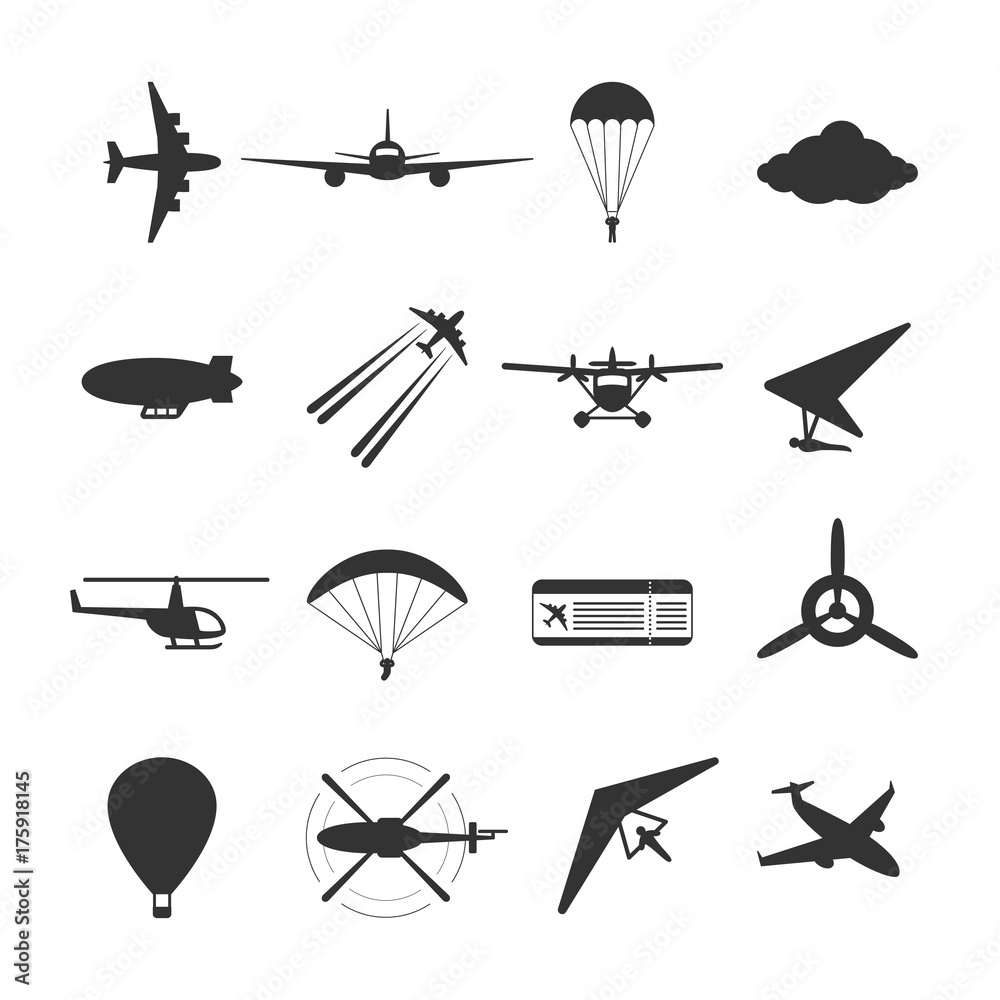 Black isolated silhouette of hydroplane, airplane, parachute, helicopter, propeller, hang-glider, dirigible, paraglide, balloon. Set of aviation icon.