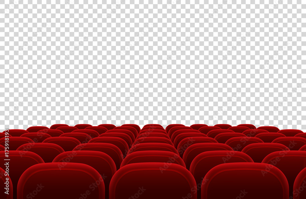 Obraz premium Empty movie theater auditorium with red seats. Cinema hall interior isolated vector illustration