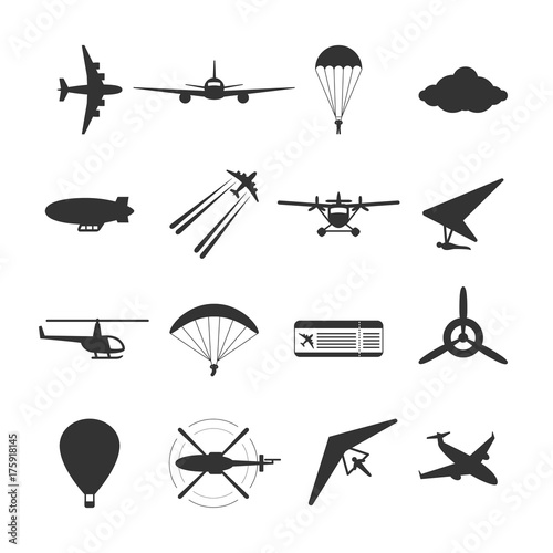 Black isolated silhouette of hydroplane, airplane, parachute, helicopter, propeller, hang-glider, dirigible, paraglide, balloon. Set of aviation icon.