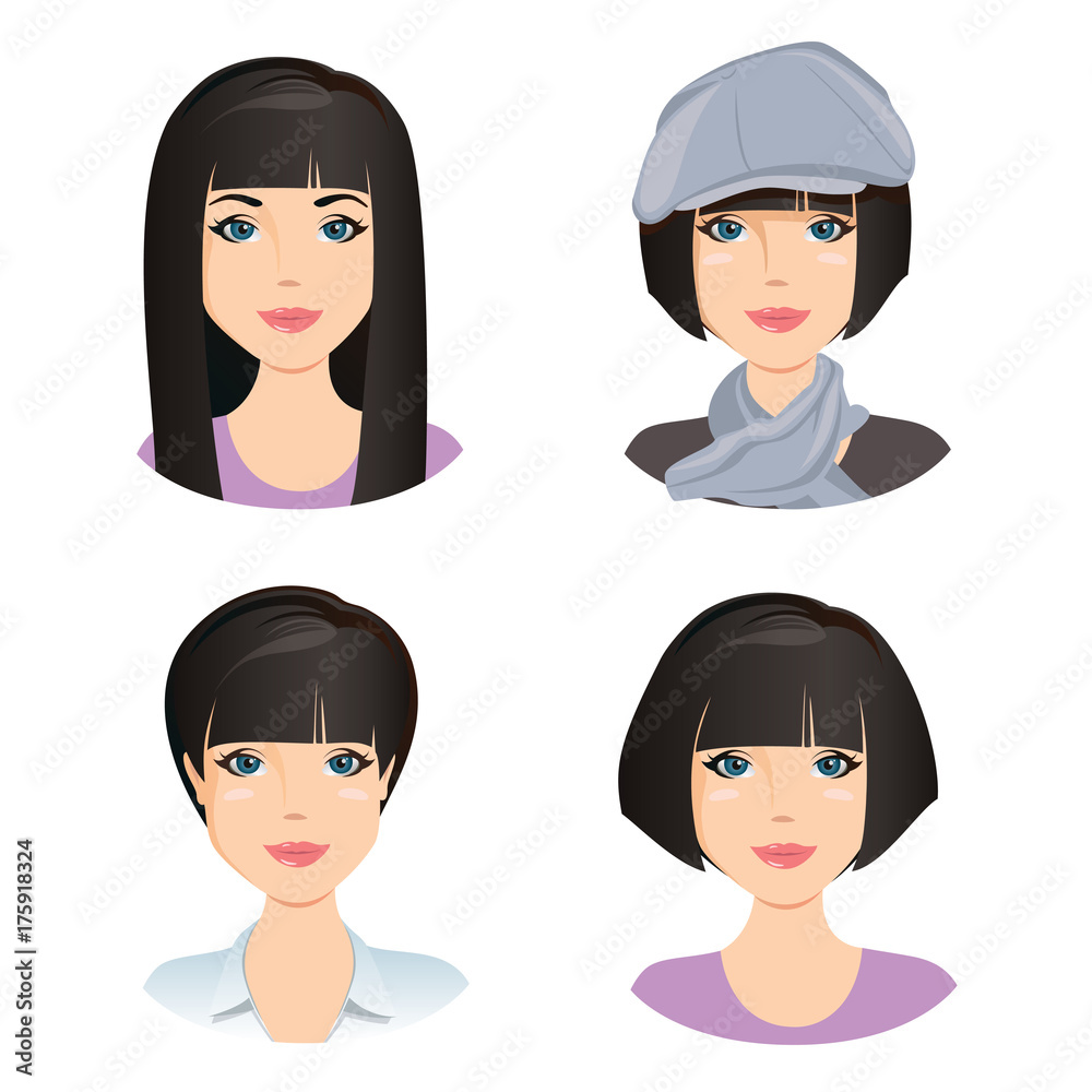 Cartoon female fashion hairstyle for short, long and curly hair. Woman head  with haircuts, ponytail and bun. Flat girl hairstyles vector set Stock  Vector | Adobe Stock