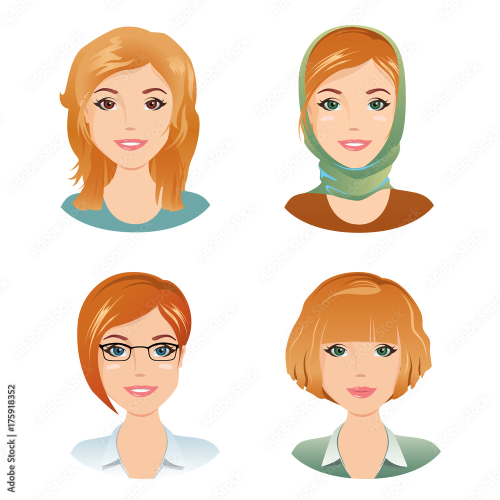 Different female hairstyles. For the girl, young adult, woman with red  hair, / flat design, vector cartoon illustration Stock Vector | Adobe Stock