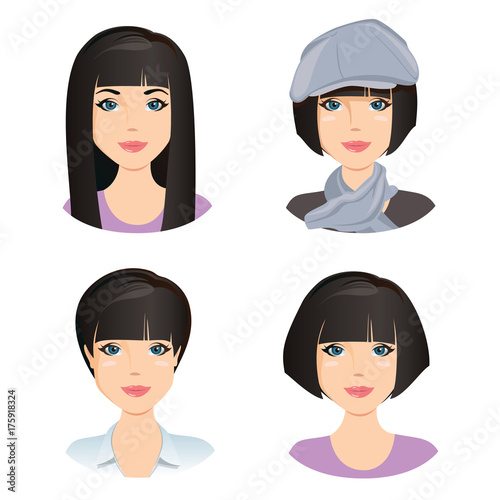 Different female hairstyles. For the girl, young adult, woman with black hair, / flat design, vector cartoon illustration