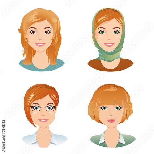 Different female hairstyles. For the girl, young adult, woman with red hair, / flat design, vector cartoon illustration