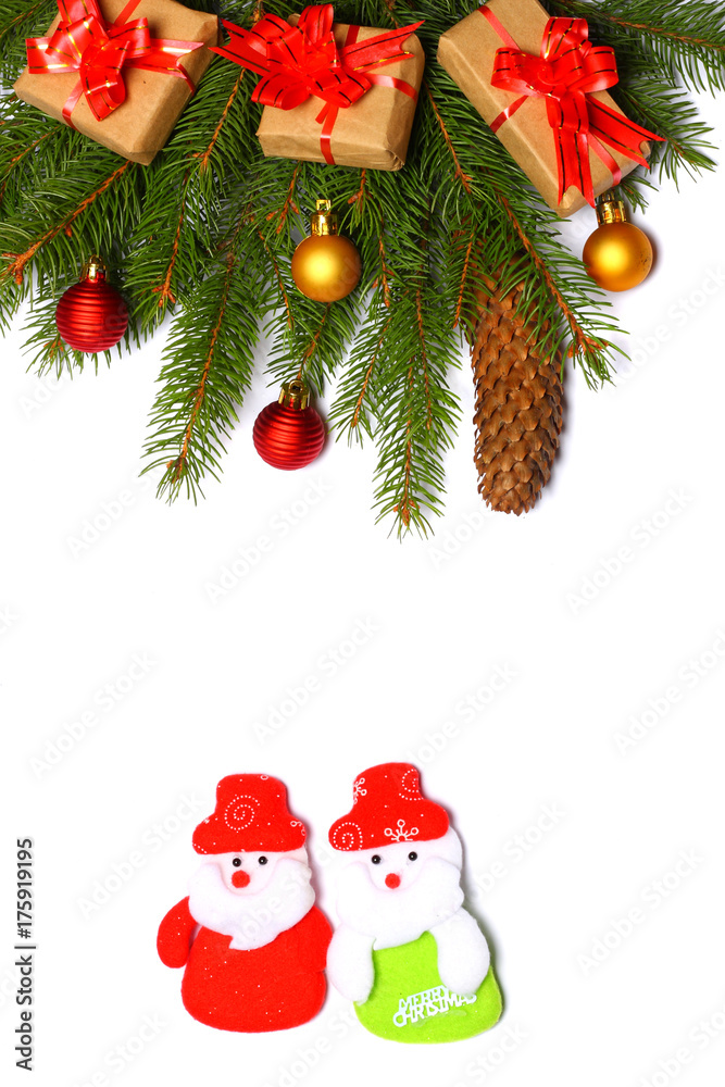Christmas background. Top view with copy space. fir tree with cone isolated on white background