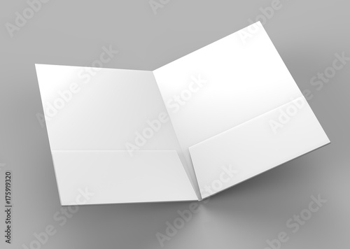 Blank white reinforced pocket folders on grey background for mock up. 3D rendering. © godesignz