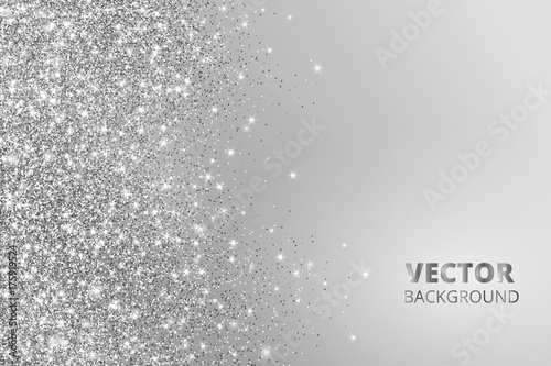 Glitter confetti, snow falling from the side. Vector silver dust, explosion on grey background. Sparkling border, frame