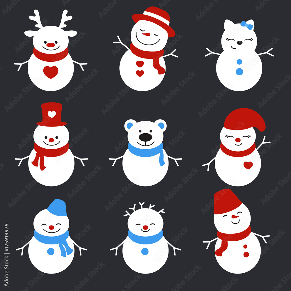 Set of winter holidays snowman.