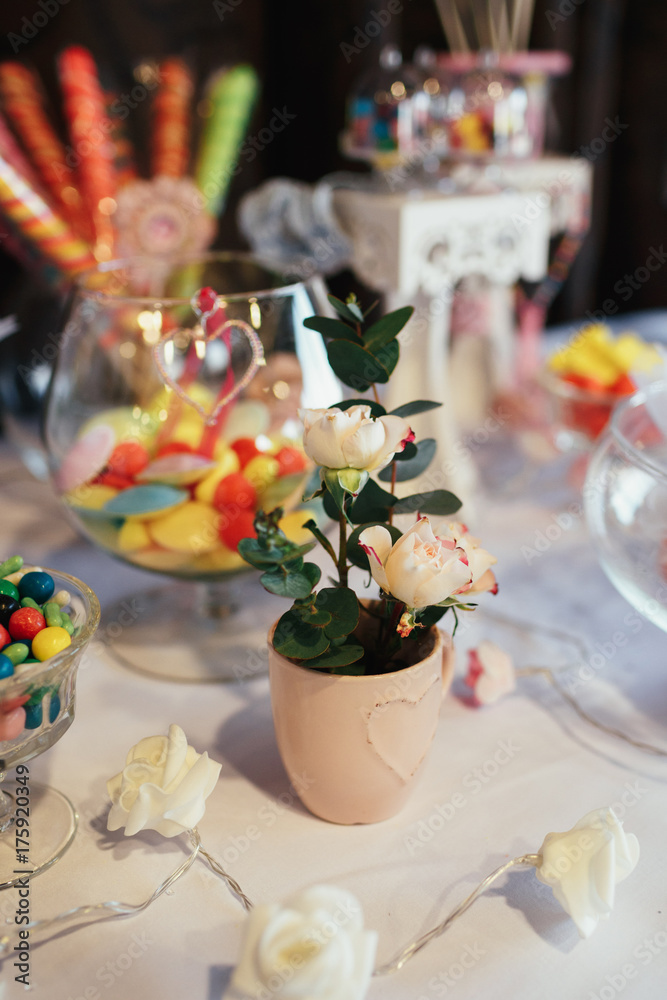 Little vase with white rose stands on a candy bar
