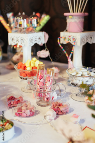 Lolly pops in a glass bowl on wedding candy bar