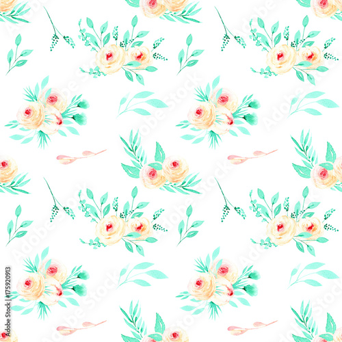 Seamless floral pattern with watercolor pink roses and mint herbs bouquets, hand painted on a white background