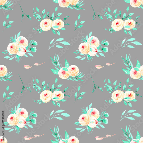 Seamless floral pattern with watercolor pink roses and mint herbs bouquets  hand painted on a grey background