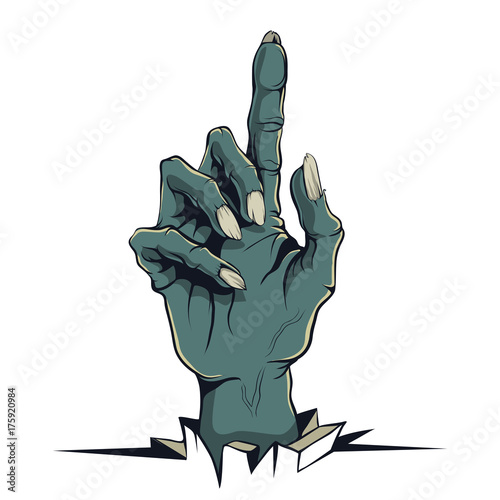 Vector graphics, illustration in the style of a comic Zombie hand with pointing finger.