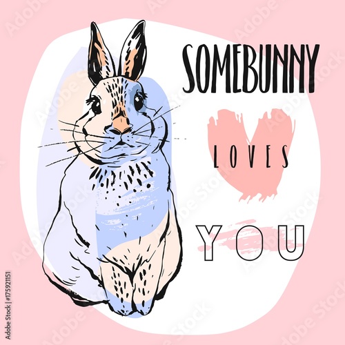 Hand drawn vector abstract collage funny poster with rabbit and calligraphy quote Somebunny loves you in pastel colors isolated on white background.Easter bunny background.Cute rabbit illustration.