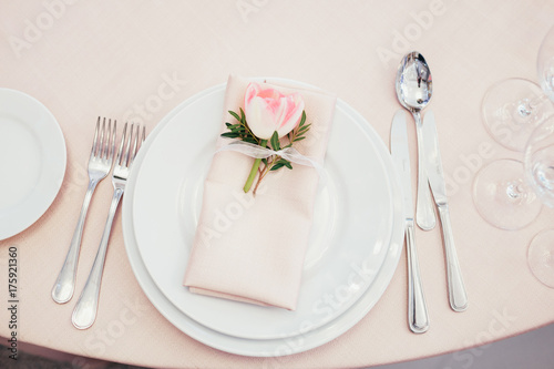 Pink tulip lies on serviette on a dinner plate
