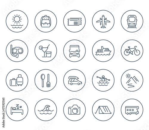 Travel, tourism line icons on white, recreation, journey, trip, tour, vacation, cruise, diving