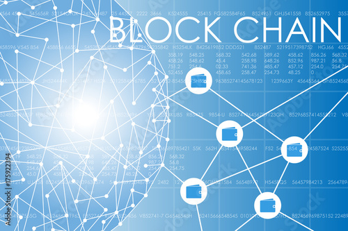 Vector illustration on business theme with block chain inscription. Connected wallets.