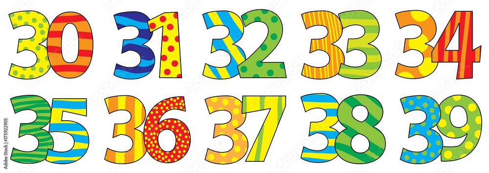 Nice colorful cartoon numbers set for children 30-39
