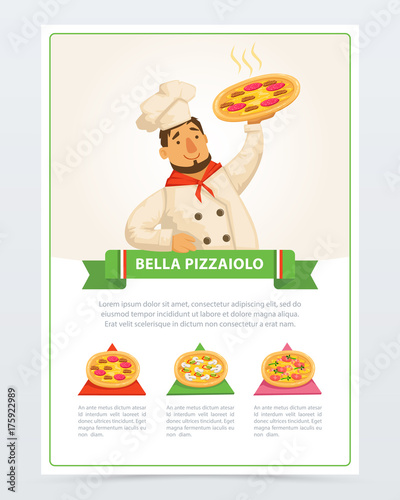 Cartoon character of italian pizzaiolo holding hot pizza