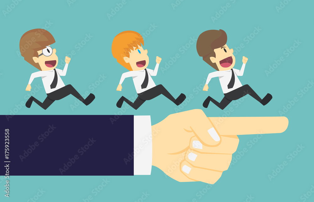 Businessman group running in the same direction with big hand pointing.Cartoon of business success is the concept of the man characters business,background, banner, infographics. vector illustration Businessman group running in the same direction with big hand pointing.Cartoon of business success is the concept of the man characters business,background, banner, infographics. vector illustration